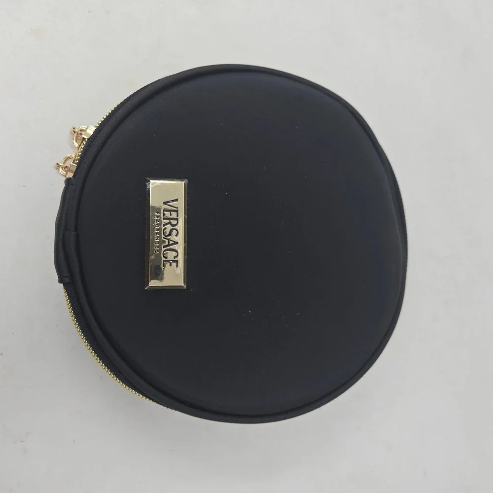 Versace Fragrances Black Round Vanity Cosmetic Case Gold Logo Mirror Travel Bag